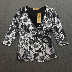 Notations Top Womens PM Black White Floral Faux Wrap O-Ring 3/4 Sleeve Blouse